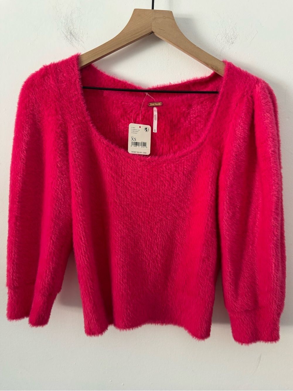 NWT Free People Fuzzy Scoop Neck Sweater in Hot Pink XS